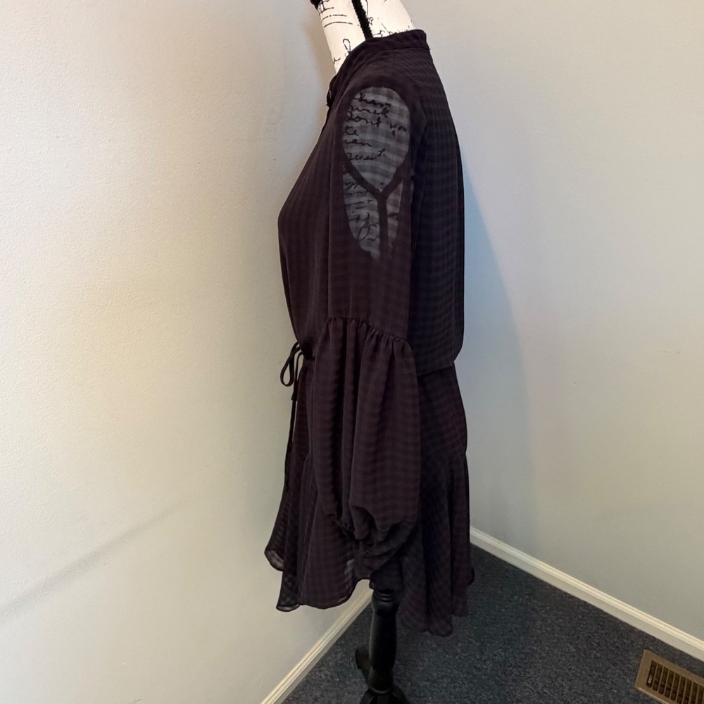 Olivaceous Gingham Button Front Dress Dark Purple Black Bishop Sleeve Medium - Picture 4 of 9